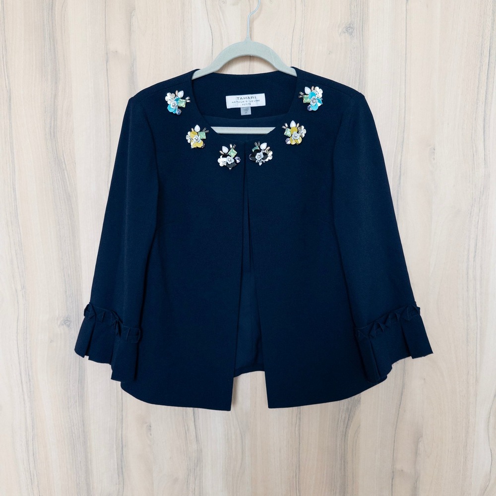 Tahari Womens Beaded Blazer Jacket 4P Navy Embellished Floral Preppy Career Chic